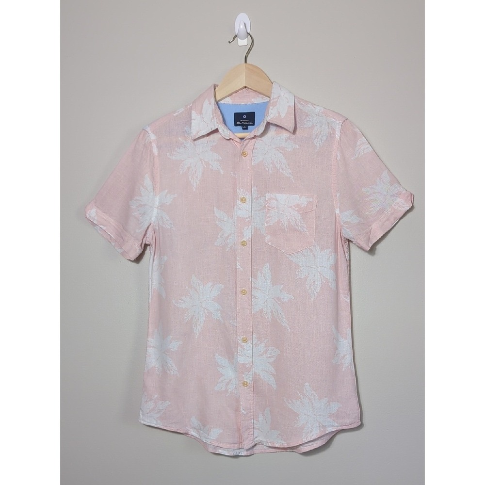 Ben Sherman Light Pink Linen Short Sleeve Floral Button-Up Shirt Men's Small